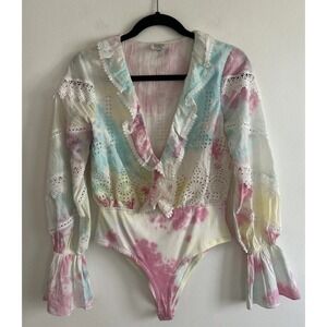 Hemant & Nandita Puff Sleeve Embroidered Eyelet Crochet Tie Dye‎ Bodysuit Small